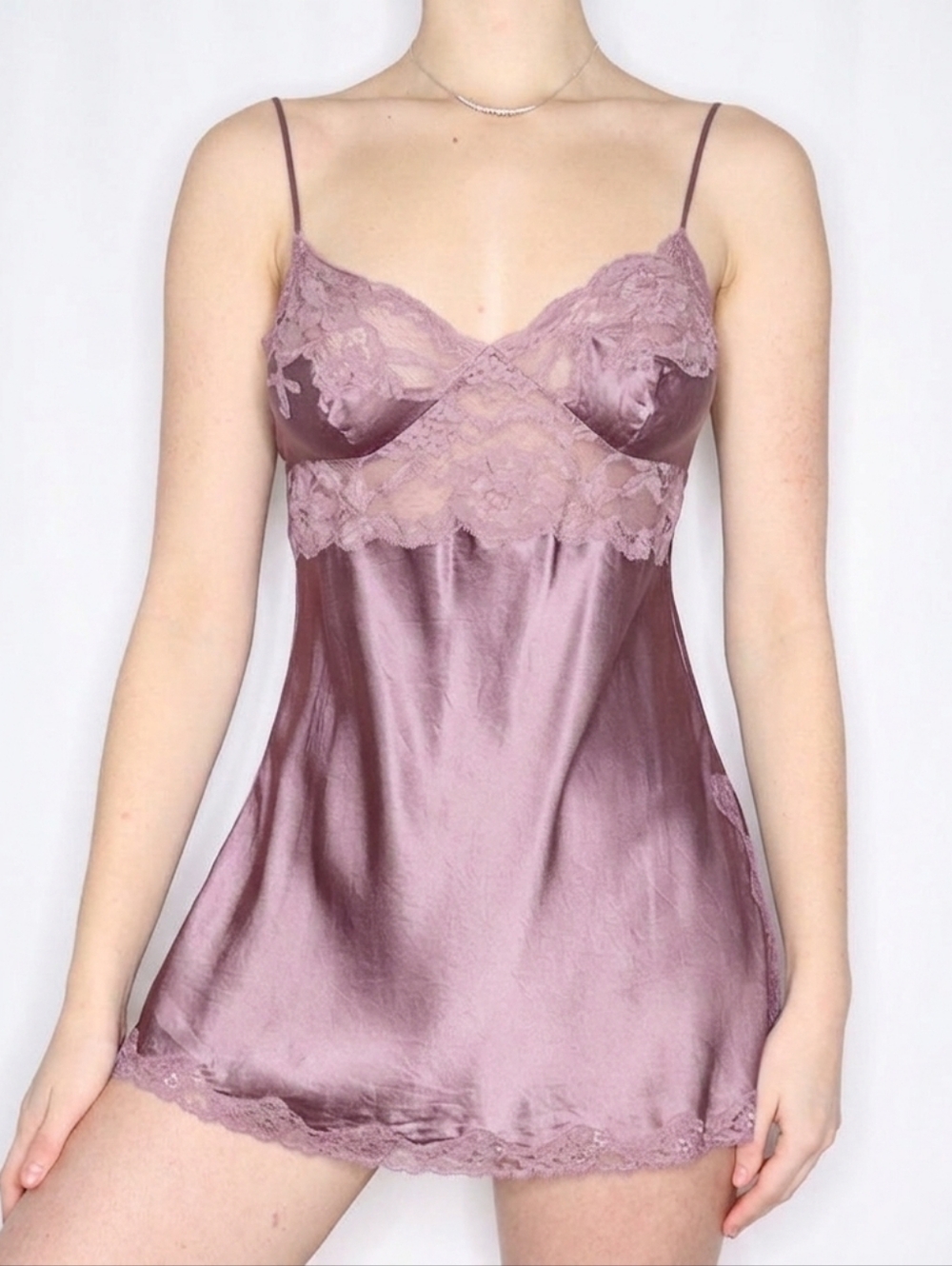 Early 2000s Victoria's Secret Mauve Purple Silk and Lace Slip Mini Dress Size M